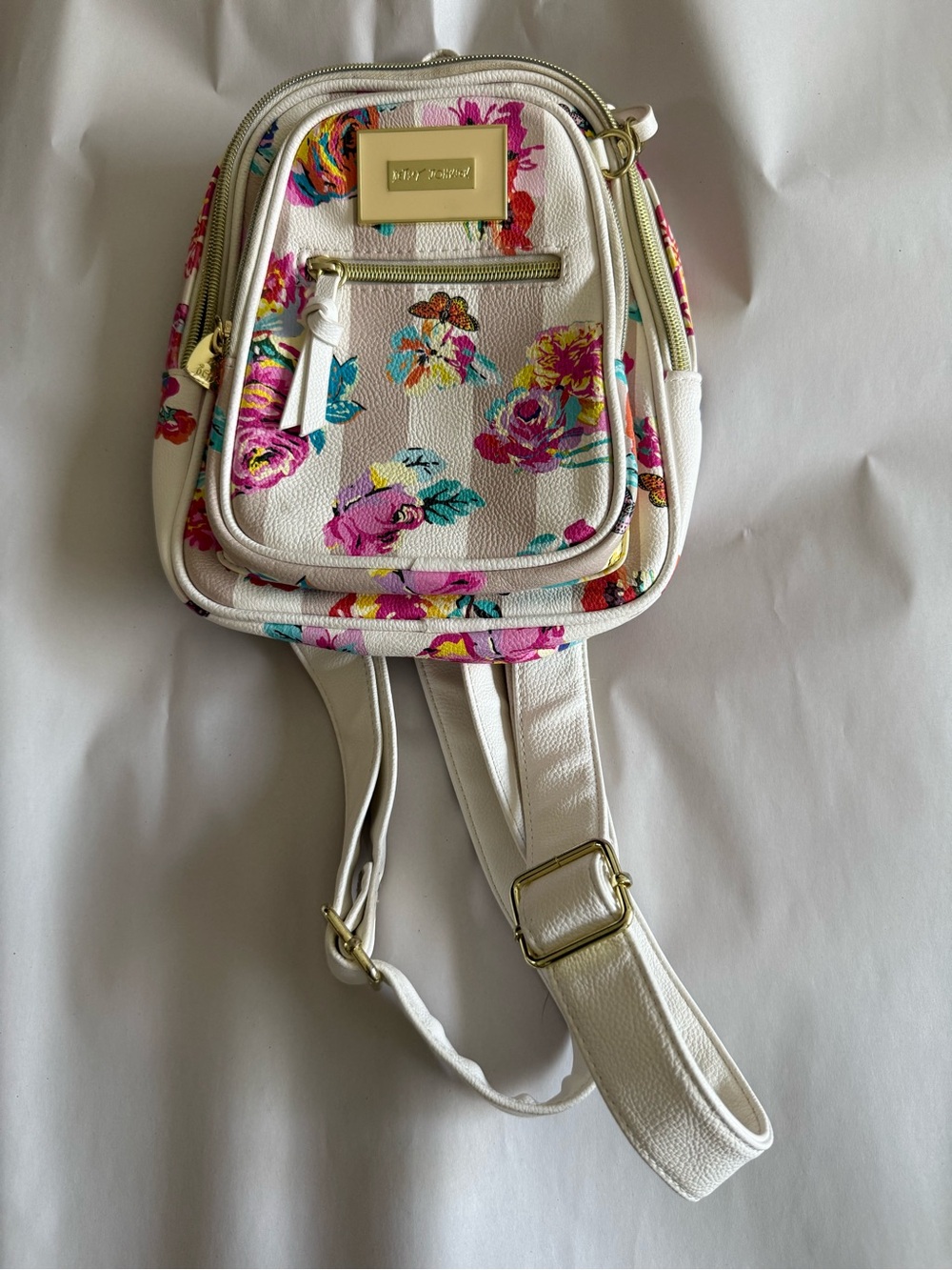 Betsey Johnson White Floral Mini Backpack with Pink & Teal Accents